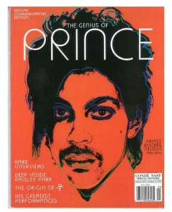 Figure 3. An orange silkscreen portrait of Prince on the coverof a special edition magazine published in 2016 by Condé Nast. 