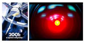 Picture 1: Movie Poster for 2001: A Space Odyssey; Picture 2: Hal 9000